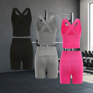 Conjunto de Ropa de Yoga para Niñas, Sujetador Deportivo con Espalda Cruzada, Pantalones Cortos de Cintura Alta, Negro, Gris, Rosa, Spandex, Poliéster, Secado Rápido, Conjunto de Spandex/Algodón - Product Image 3