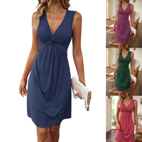 Robe Décontractée d'Été Élégante en Gros pour Femme, Mode Grande Taille en Tissu Viscose Uni, Débardeur Torsadé à Col en V, Sans Manches, Naturelle