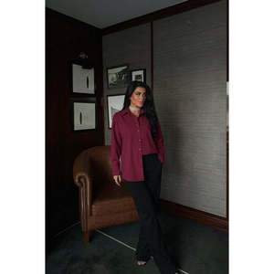 Chemise en tricot boutonnée à carreaux fuchsia unie pour femme, style vintage coréen, taille XL, décontractée, broderie, printemps-automne, pour le bureau - Product Image 2