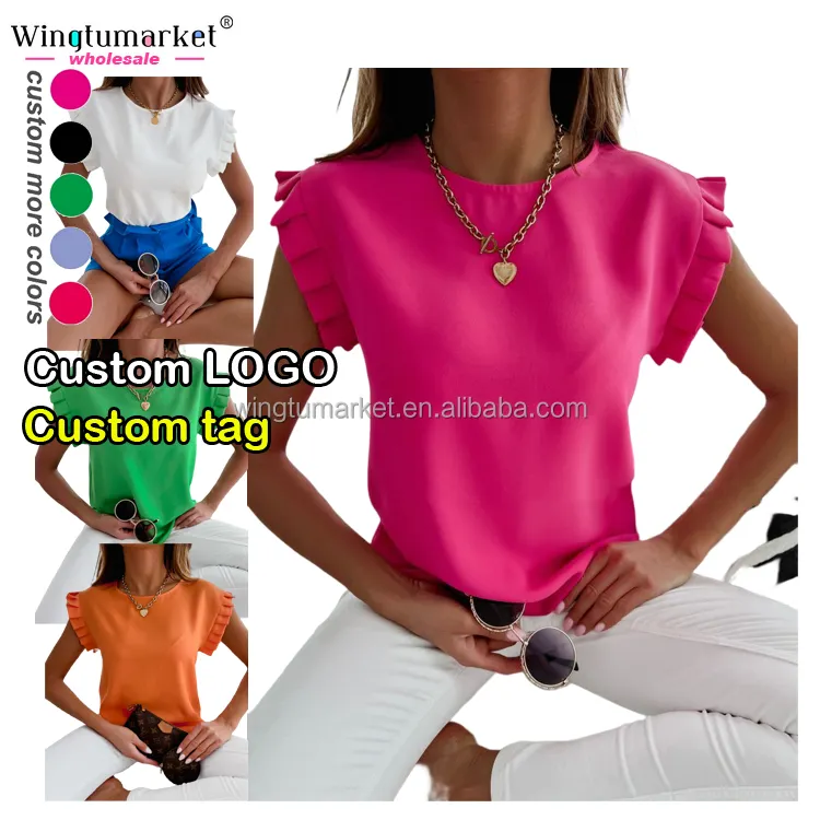 Hot Sale Ruffles Chiffon Blouse Casual Ladies Pullover Shirt Solid Color Sexy Summer Short Sleeve Tops Women