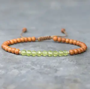 Zooying 14K gold Sandalwood Beads Dainty Natural Green Gemstone Birthstone Bracelet