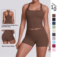Ensemble 2 pièces de sous-vêtements de sport moulants respirants à double face, couleur unie, dos en I, pour femmes, course à pied (7122+7101)