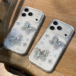 Coque de téléphone transparente antichoc avec cadre diamanté, motifs fleurs et papillons, paillettes époxy, pour iPhone 17 16 15 Pro Max - Product Image 2