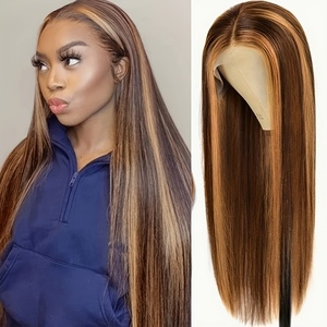 Perruque longue pour femmes, style européen et américain, très vendue, en fibre synthétique haute température, avec dentelle frontale, couleur piano, raie au milieu - Product Image 4