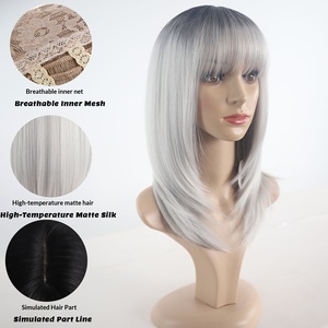 Perruque haut de gamme pour femme, grise dégradée, <span class=keywords><strong>mi</strong></span>-longue, lisse, <span class=keywords><strong>avec</strong></span> <span class=keywords><strong>frange</strong></span>, en fibre haute température, réglable, vente en gros d'usine - Product Image 4