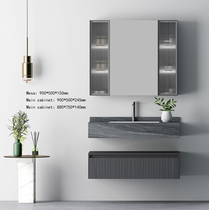 <span class=keywords><strong>Mobile</strong></span> <span class=keywords><strong>Bagno</strong></span> di Lusso Stile Hotel, Armadietto Scanalato Grigio Scuro con Specchio LED e Lavabo in Pietra per Hotel di Lusso - Product Image 2
