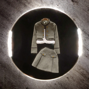 Conjunto de Dos Piezas para Mujer: Abrigo de Manga Larga con Cuello Alto + Falda Midi Plisada Ajustada con Volantes, Estilo Preppy, Color Sólido, Verano - Product Image 2