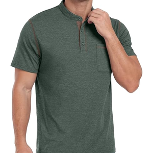 T-shirt tricoté à manches courtes pour homme, coupe ajustée, col montant, couleur unie, tenue décontractée, vert - Product Image 4