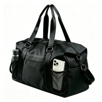 Sac de sport portable en nylon noir imperméable avec logo personnalisé, poches latérales en maille pour bouteilles, sac de voyage pour hommes et femmes