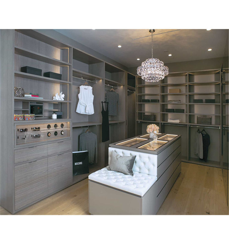 Modern Design Wooden Walk in Closet with Glass Island Bedroom Furniture  Melamine Wardrobe Without Doors