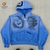 Sudadera con capucha personalizada de algodón 100% de 420GSM de alto gramaje, con cremallera completa, lavado vintage, corte holgado para hombre, estampado DTG de retrato