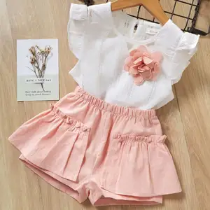 Wholesale Girls Clothes Shorts Outfit Kids Casual Suit Cheap Summer Children White Ruffle Sleeve Girl Clothing Set