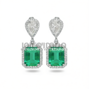 Orecchini a goccia Tiretonis con smeraldo e diamante taglio a pera in oro bianco, montatura a castone, gioielli di lusso da donna per matrimonio E1784 - Product Image 1