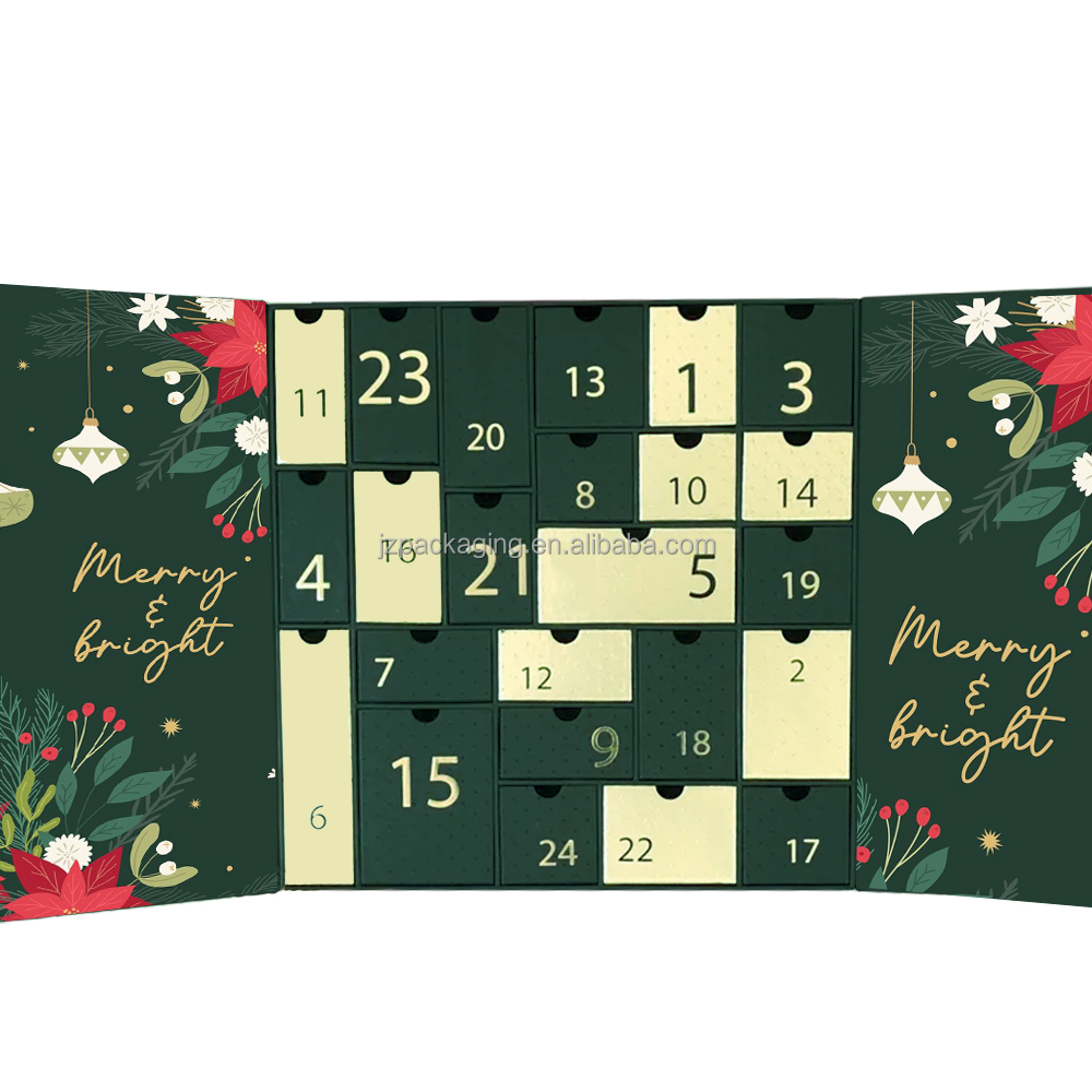 Empty Beauty Packaging Paper Box Custom Logo Embossing Recyclable 24-Drawer Christmas Advent Calendar Gift Box For Makeup