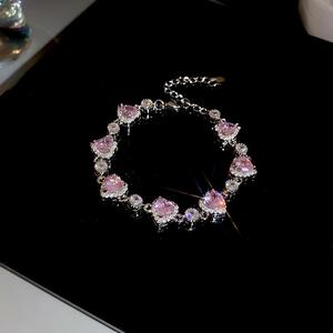 Women's Luxury <strong>Copper</strong> Zircon Shining <strong>Bracelet</strong> with Full Diamond Pink Heart Trendy Fashion Custom Wedding Jewelry Joias De Luxo - Product Image 1