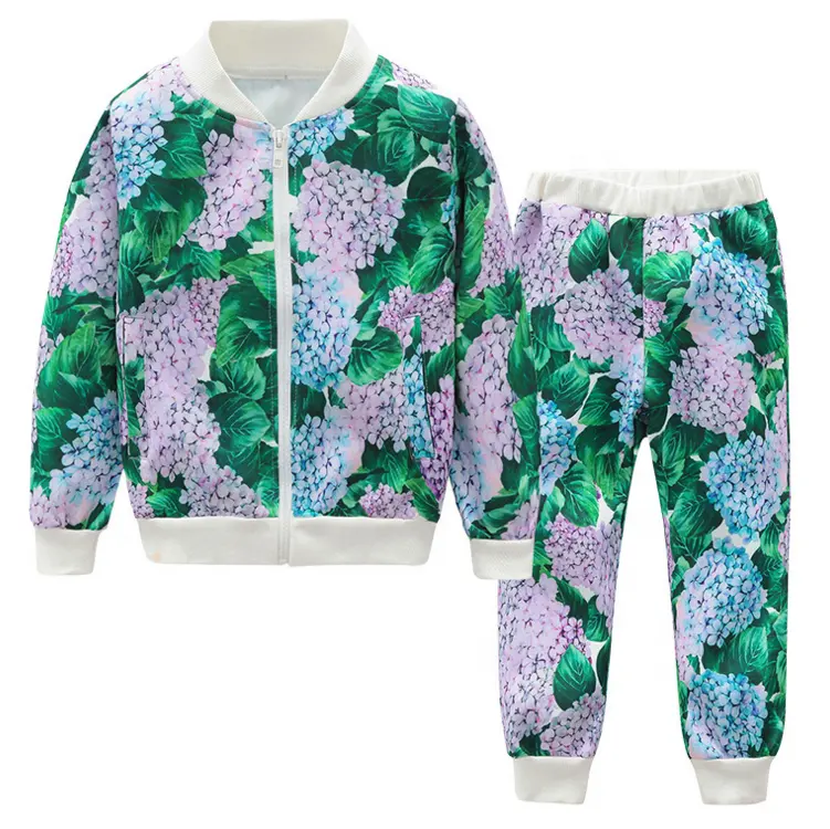 Çocuklar toptan eşofmanlar sevimli moda tasarım özel fermuar Up bombacı pantolon çiçekler dijital baskı çocuk giyim