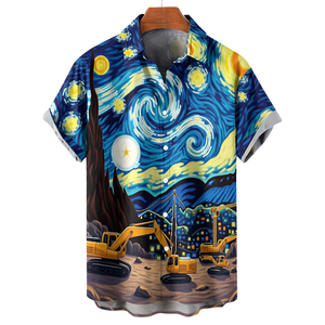 Camicette hawaiane da <span class=keywords><strong>uomo</strong></span> con bottone a sublimazione ad asciugatura rapida e all'ingrosso disegni personalizzati camicie da <span class=keywords><strong>uomo</strong></span> in poliestere pittura a olio stampate - Product Image 1