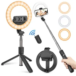 Lampu Selfie fotografi nirkabel, tongkat Selfie dapat dilipat dengan Shutter jarak jauh, dudukan Tripod 5 inci dengan cincin LED, lampu rias