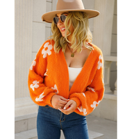 Cardigan élégant et tendance pour jeunes femmes, en tricot avec motif floral en intarsia et fourrure de lapin duveteuse, col en V profond