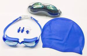 新しい水泳防曇ゴーグル水泳ゴーグル防曇シュノーケリングゴーグル + 水泳帽 + イヤークリップ4セット - Product Image 3