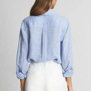 Logo personalizzato da <span class=keywords><strong>donna</strong></span> Casual a manica lunga in tessuto di <span class=keywords><strong>lino</strong></span> camicie con colletto largo per la casa camicette di <span class=keywords><strong>lino</strong></span> di cotone per le donne - Product Image 2