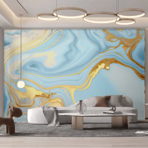 Panneau mural auto-adhésif en PVC à motif marbré <span class=keywords><strong>bleu</strong></span> clair avec tourbillons dorés, facile à poser, imperméable, pour chambre à coucher, cuisine, luxueux - Product Image 1