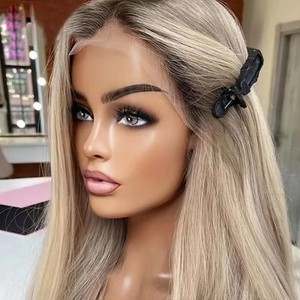 Perruque BOB Courte en Cheveux Humains Vierges de Haute Qualité, Blond Platine Raides avec Racines Foncées, Balayage Brun, Cheveux de Bébé, Perruque Lace BOB - Product Image 5
