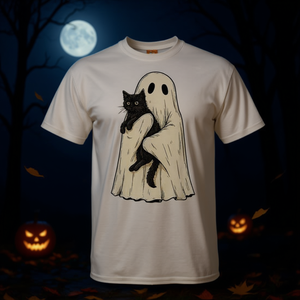 T-shirt vintage pour femme avec fantôme d'Halloween tenant un chat noir - Product Image 3