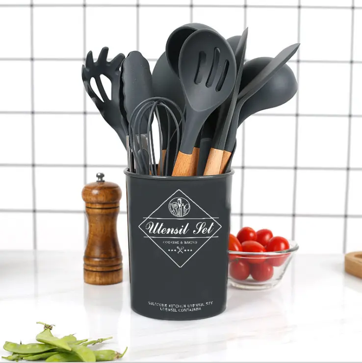 12 Pieces In 1 Set Kitchen Gadgets Tools Stand Kitchenware Spatula Silicone Cooking Utensils Set With Wooden Handles