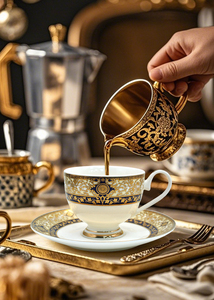 ชุดถ้วยกาแฟและจานรองจากประเทศจีนลายกระดูกสวยงาม2ชิ้นมีดีไซน์ลายนูนสีทองรวมกล่องของขวัญที่สวยงาม - Product Image 2