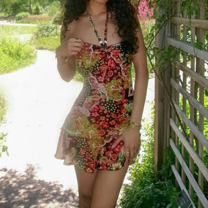 Wholesale Y2K Women Vacation Dress Vintage Colorful Print Beaded Halter <b>Tie</b> Backless Tube Dress - Product Image 2