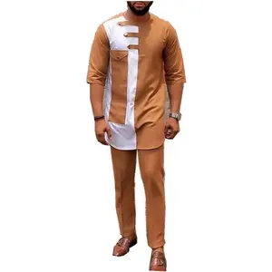 חדש הגעה אפריקאית גברים סטי מוסלמי מוצק צבע ארוך שרוול חולצה ארוך מכנסיים שתי חתיכות ספורט רופף תלבושת בגדים אסלאמיים