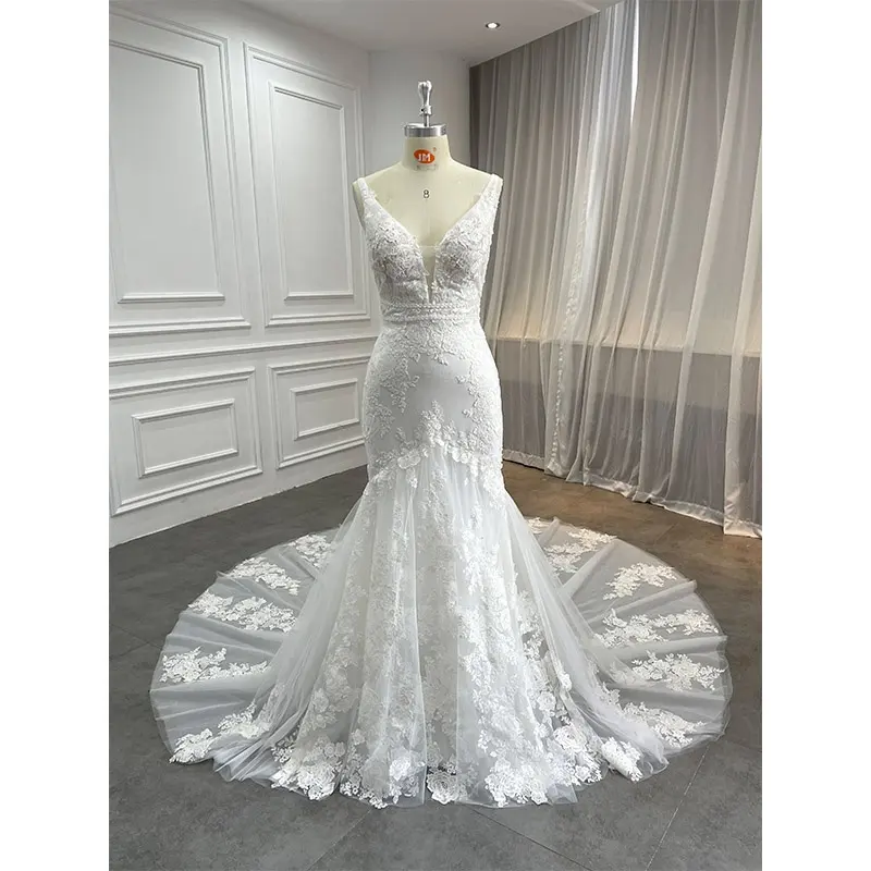 Wholesale Modest Appliqued Lace Mermaid Gown Fit Flare Fishtail Sequined Crystal Bridal Wedding Dress for Women 2022