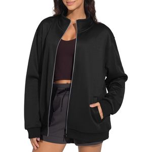 Women's Oversized Full Zip Fleece <b>Jacket</b> Long Sleeve Stand Collar <b>Workout</b> Coat With Pockets Breathable Autumn Wear - Product Image 2
