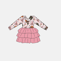 Robe d'automne mignonne pour fille, imprimé personnalisé, motif floral, à manches longues, à volants, en bambou 210 GSM, du NB au 14T