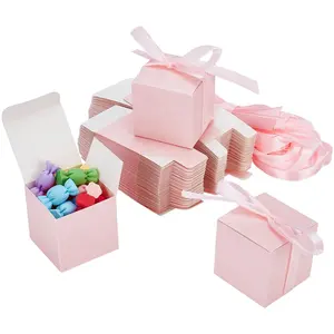 Custom Logo Small Pink Square Card Box with White Ribbon Paper Gift Assembly for Cosmetic Snack Small Items Packaging