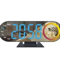 Horloge de table numérique à LED avec miroir, affichage de la date, du jour et de la température, lumière d'ambiance nocturne colorée