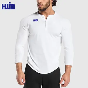Custom Logo Men's Quick Sweat Wicking Dry Fitness Training Top Tee Men 3/4 Length Sleeves Slim Fit GYM Workout T Shirts