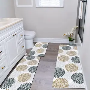 Floral Kitchen Rug Sets Bath Mats Runner Rugs Set with Runner Non Slip Waterproof 3 Piece Latex Free Polyester Customized Modern