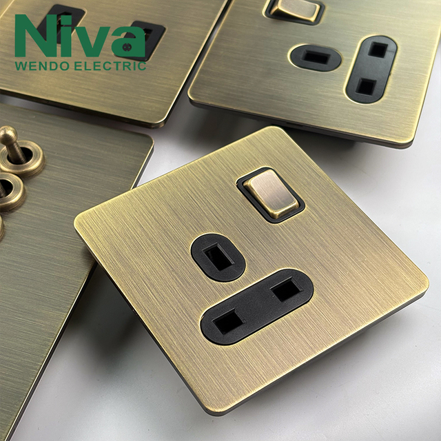 NIVA UK Standard Wall Socket Single 13A Switched Sockets Antique Stainless Steel Panel Outlet