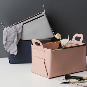 Leather <b>storage</b> basket with handle, metal edging, 3D <b>storage</b> basket, foldable <b>remote</b> <b>control</b> holder for living room and bedroom. - Product Image 1