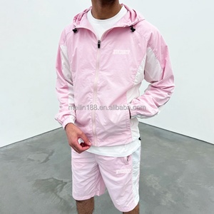 Ventes en gros personnalisées de vestes coupe-vent roses, sweats à capuche zippés et shorts en nylon, ensembles de jogging légers en deux pièces, ensembles de shorts coupe-vent - Product Image 2