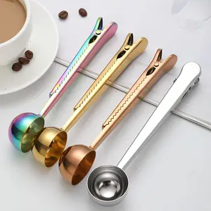 Custom Metal Gold Spoon 2 In 1 Stainless Steel Coffee Spoon Measuring Spoon Clip Kitchen Mini Coffee Scoop With Seal Bag Clip