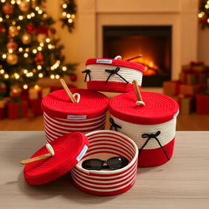 Panier <span class=keywords><strong>en</strong></span> <span class=keywords><strong>corde</strong></span> de coton rouge avec couvercle, panier <span class=keywords><strong>en</strong></span> cordon de coton avec couvercle, panier à serviettes <span class=keywords><strong>en</strong></span> coton tissé, panier fait main, boîte de rangement de cuisine de Noël - Product Image 1