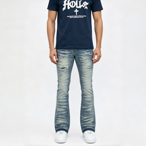 Jean Bootcut Évasé Homme Effet Usé et Délavé Vintage en Denim Extensible avec Ourlet Effiloché – Idéal pour le Quotidien et les Soirées - Product Image 3