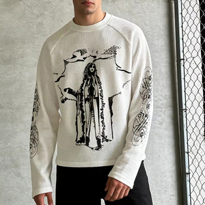 <span class=keywords><strong>T</strong></span>-<span class=keywords><strong>shirt</strong></span> da <span class=keywords><strong>uomo</strong></span> in cotone pesante a maniche lunghe, taglio cropped e vestibilità squadrata, in maglia waffle, con stampa digitale grafica personalizzata, di lusso e <span class=keywords><strong>termica</strong></span> - Product Image 2