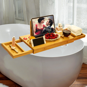 Table plateau de bain en bambou, table caddie de <span class=keywords><strong>baignoire</strong></span> avec support de téléphone livre vin, plateau de <span class=keywords><strong>baignoire</strong></span> extensible avec 2 plateaux coulissants - Product Image 3