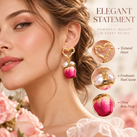Boucles d'oreilles pendantes romantiques en forme de cœur avec perle et rose éternelle, en laiton plaqué argent et alliage de zinc, motif floral, pour femme, vente en gros