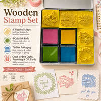 Kit de fabrication de tampons en caoutchouc avec 5 tampons en bois, 4 tampons encreurs colorés, boîte en métal pour la création de cartes, le scrapbooking, le journaling et la papeterie DIY