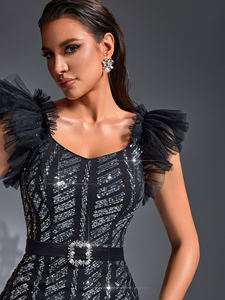 黑色女式甜心领短袖窄腰亮片拼接Midi优雅亮片美人鱼舞会鸡尾酒裙 - Product Image 6